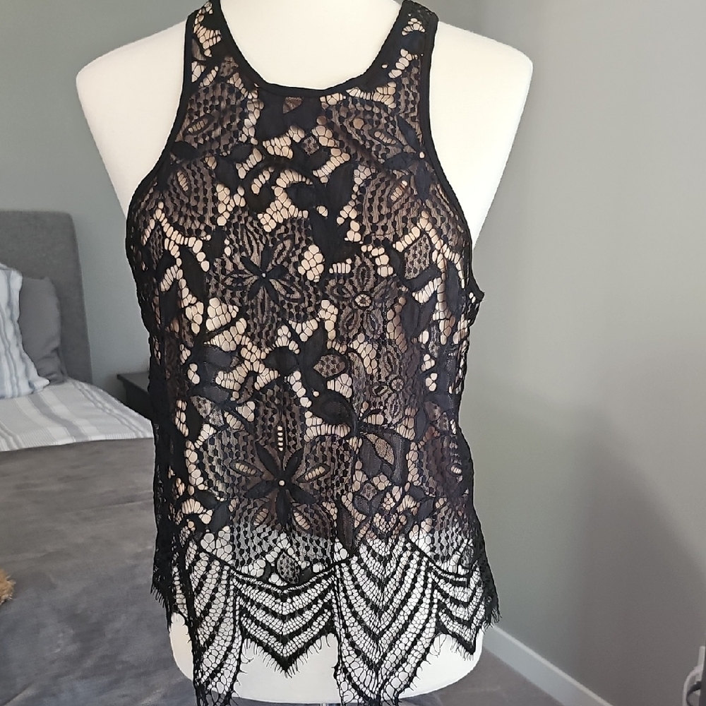 Express Black and Tan Asymmetrical Cut Out Tank Top